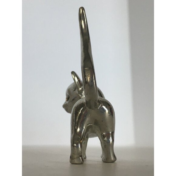 Vintage Cat Ring Holder Jewelry Display Silver Color Rhinestone Eyes Figurine - Picture 7 of 8